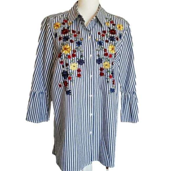CHARTER CLUB EMBROIDERED BLOUSE SZ 14 BLUE & WHITE - Picture 1 of 6